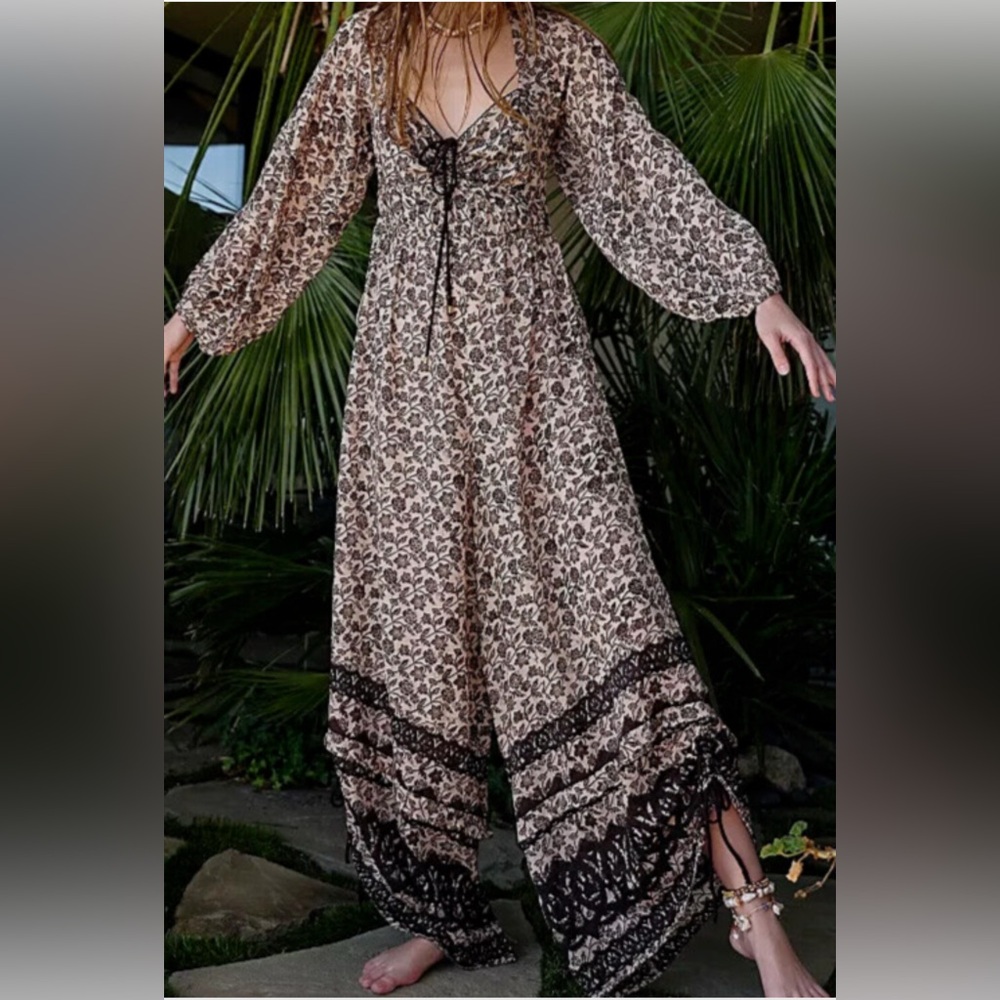 Floral Print Boho Jumpsuit in Black and Cream